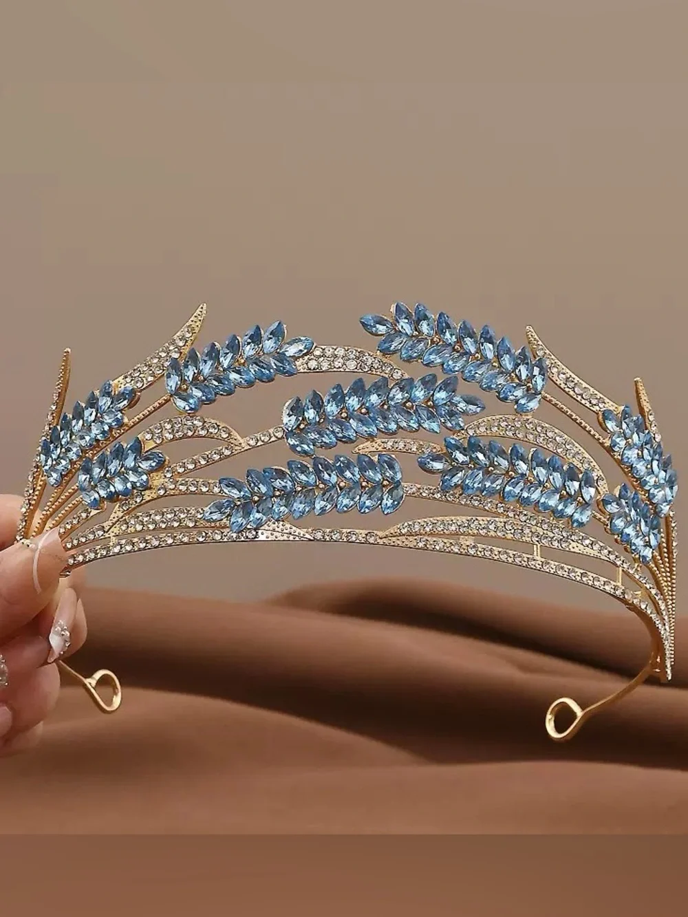 Gold-Tone Headband with Blue Crystal Wheat Motif